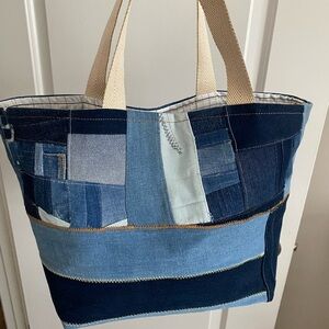 Patchwork Denim Tote with Cream Straps